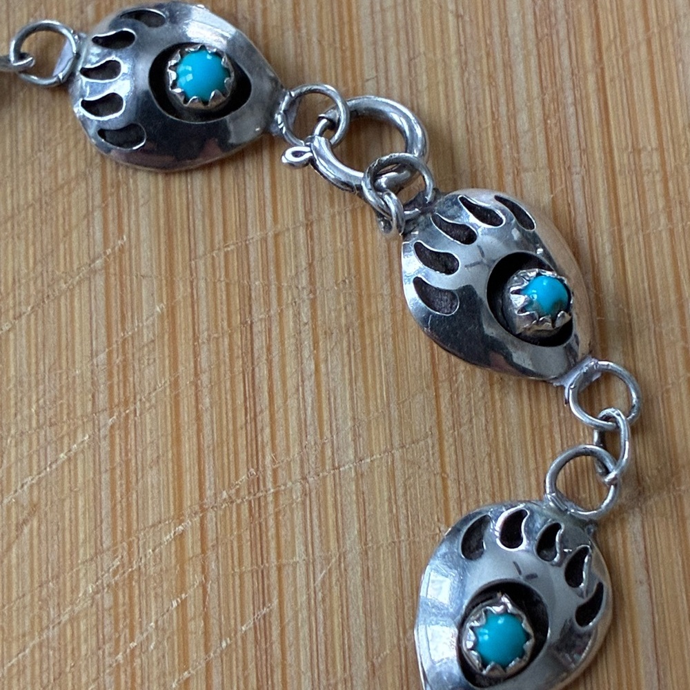 Vintage Sterling Silver and Turquoise Navajo Paw Bracelet - Picture 7 of 16